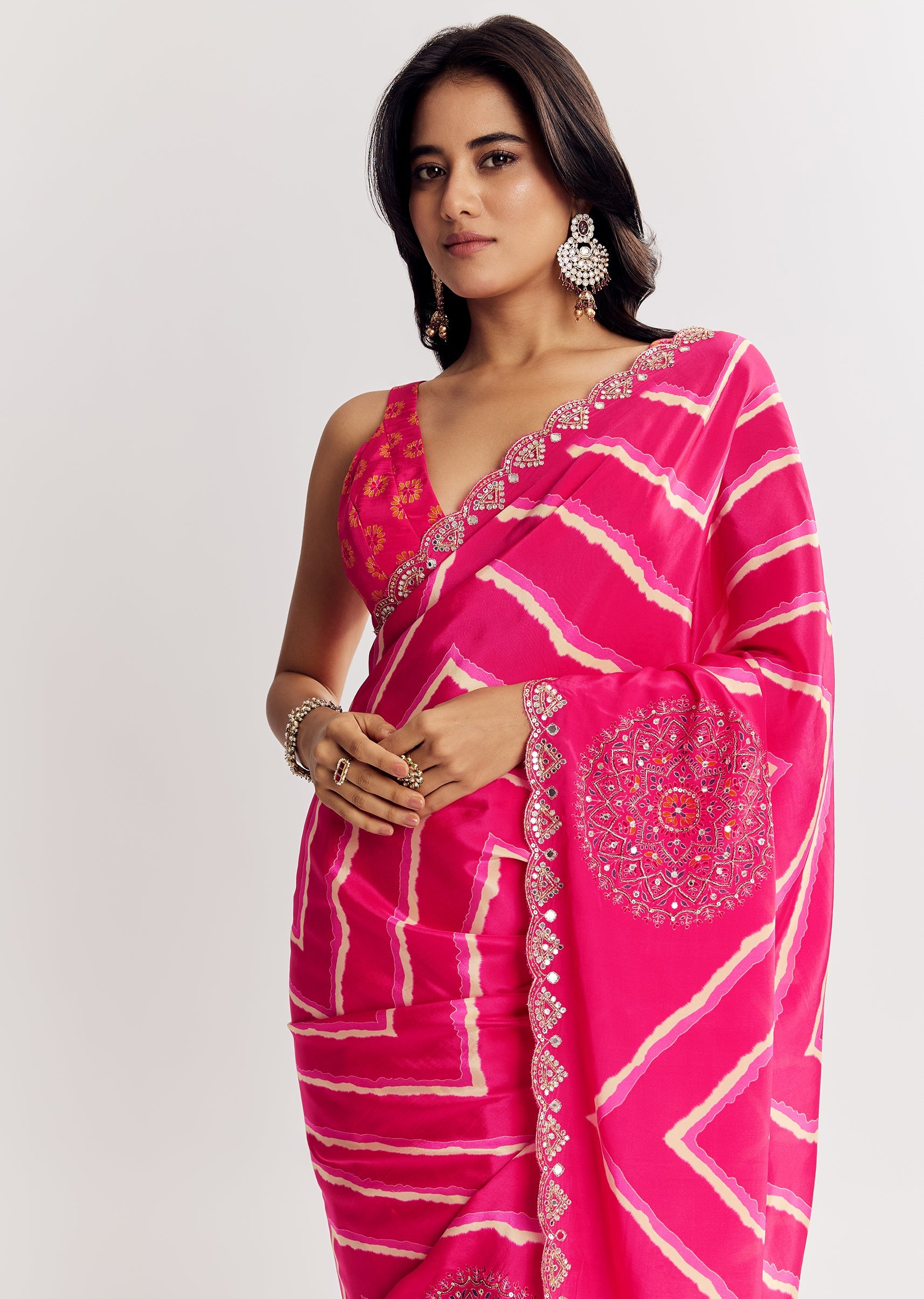 Pink Satin Saree With Gota And Mirror Embroidery