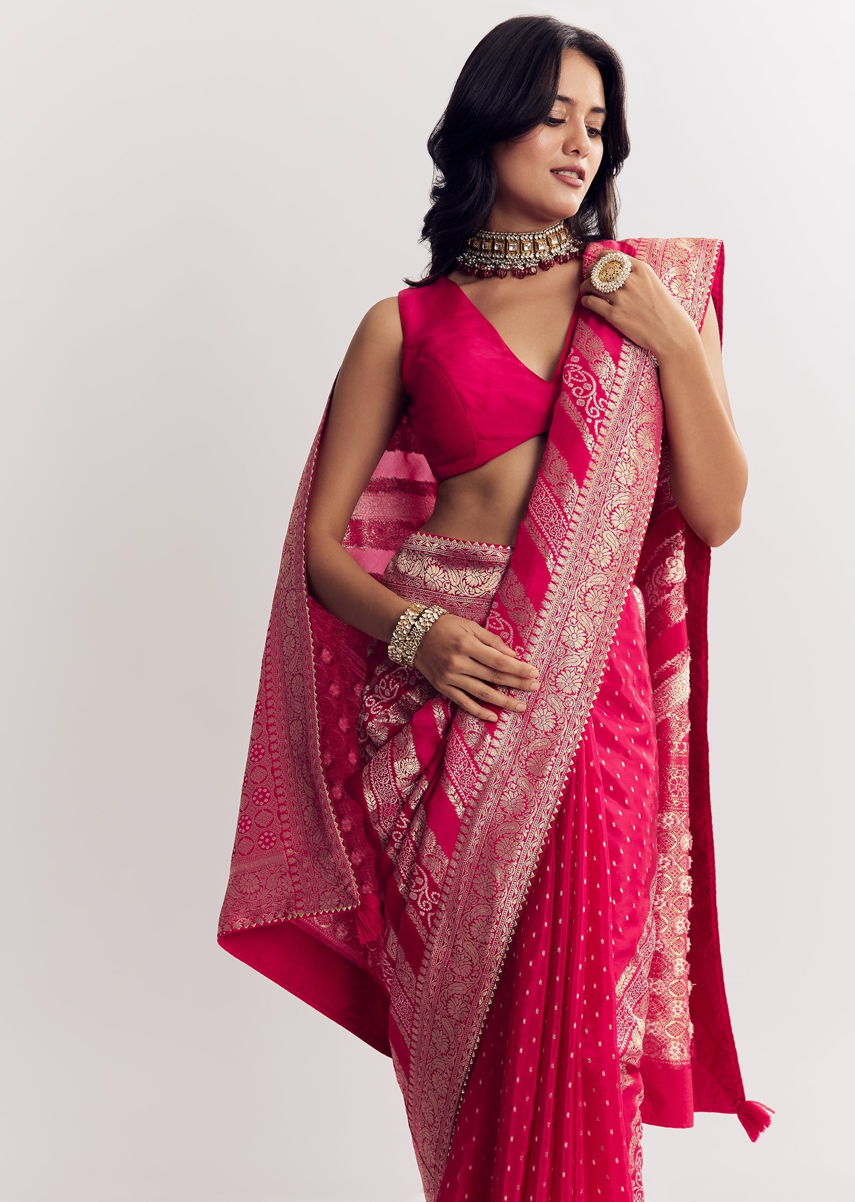 Pink Satin Saree With Zari Vine Design