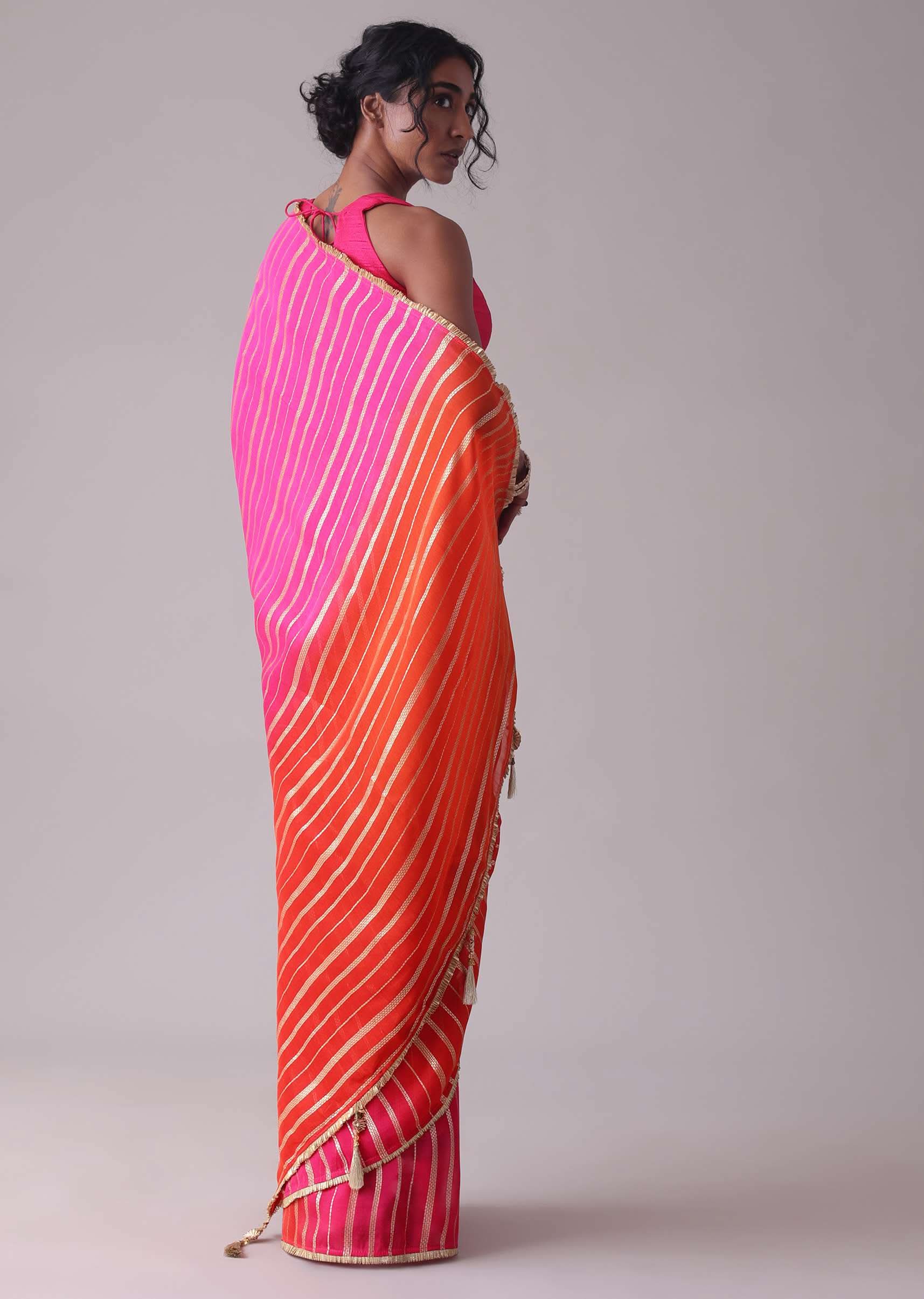 Ski Patrol Red Woven Ombre Saree In Organza