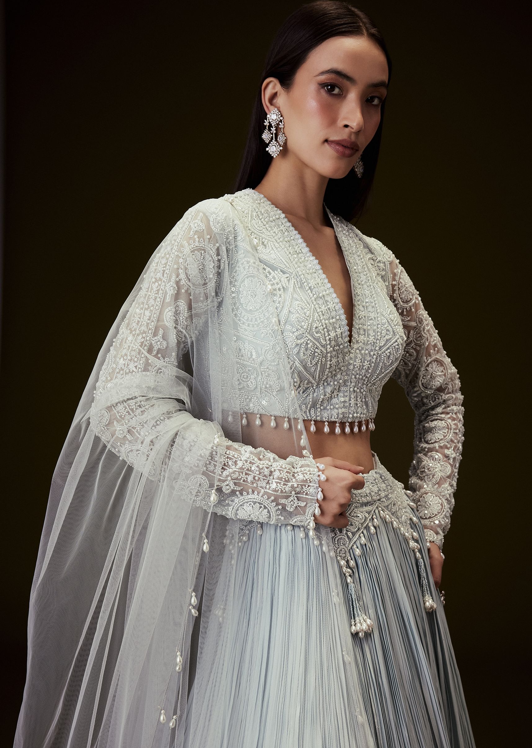 Sky Blue Crepe Sequence Lehenga With Full Sleeve Blouse
