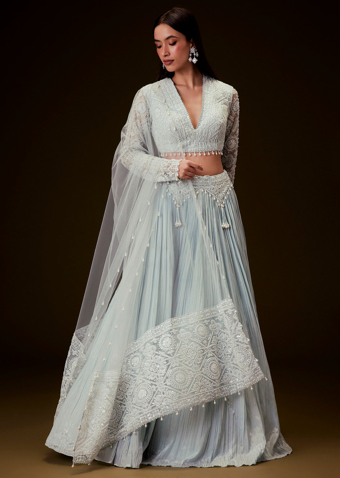 Sky Blue Crepe Sequence Lehenga With Full Sleeve Blouse