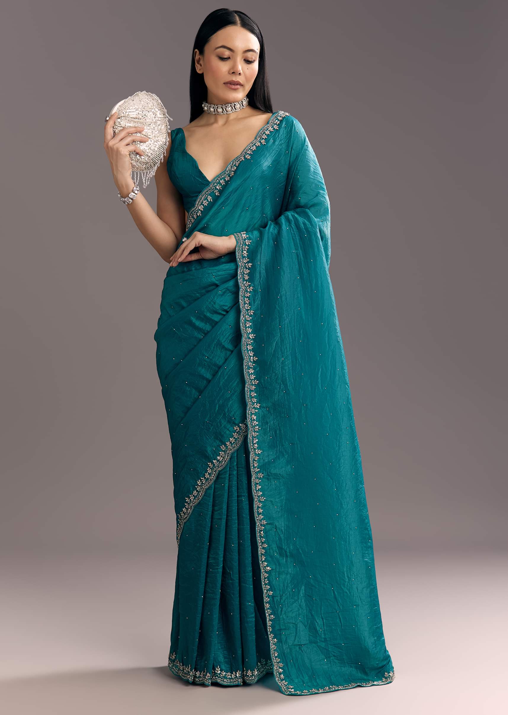 Teal Blue Crushed Tissue Stone Embellished Saree With Cutdana Scallop Border
