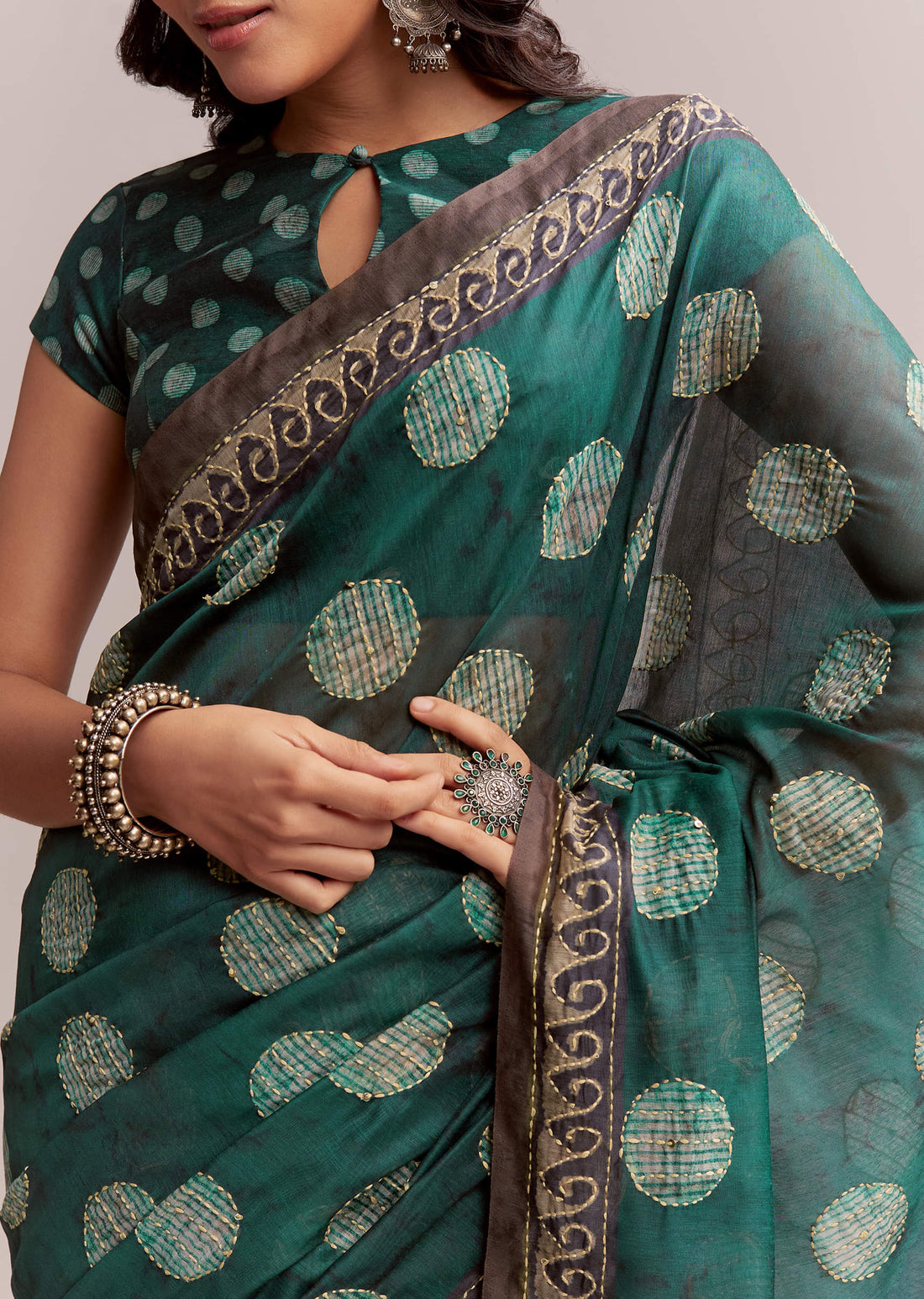 Teal Green Linen Printed Saree With Handcrafted Ajrakh Work