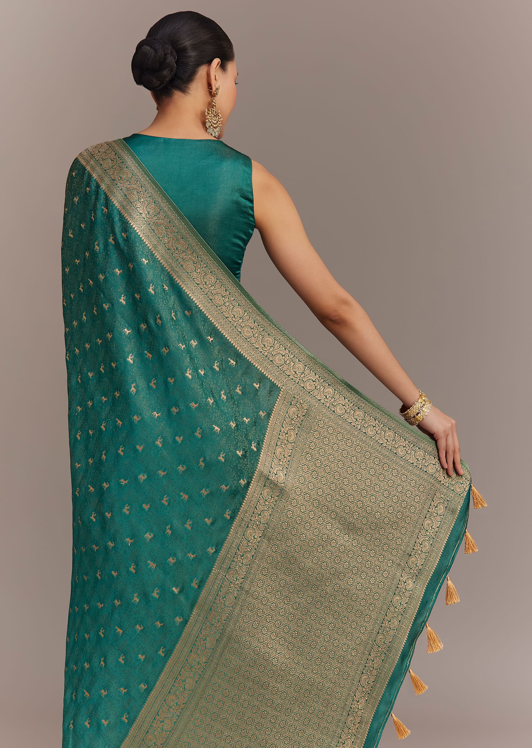 Teal Green Tissue Silk Saree With Zari Border Butti And Pallu