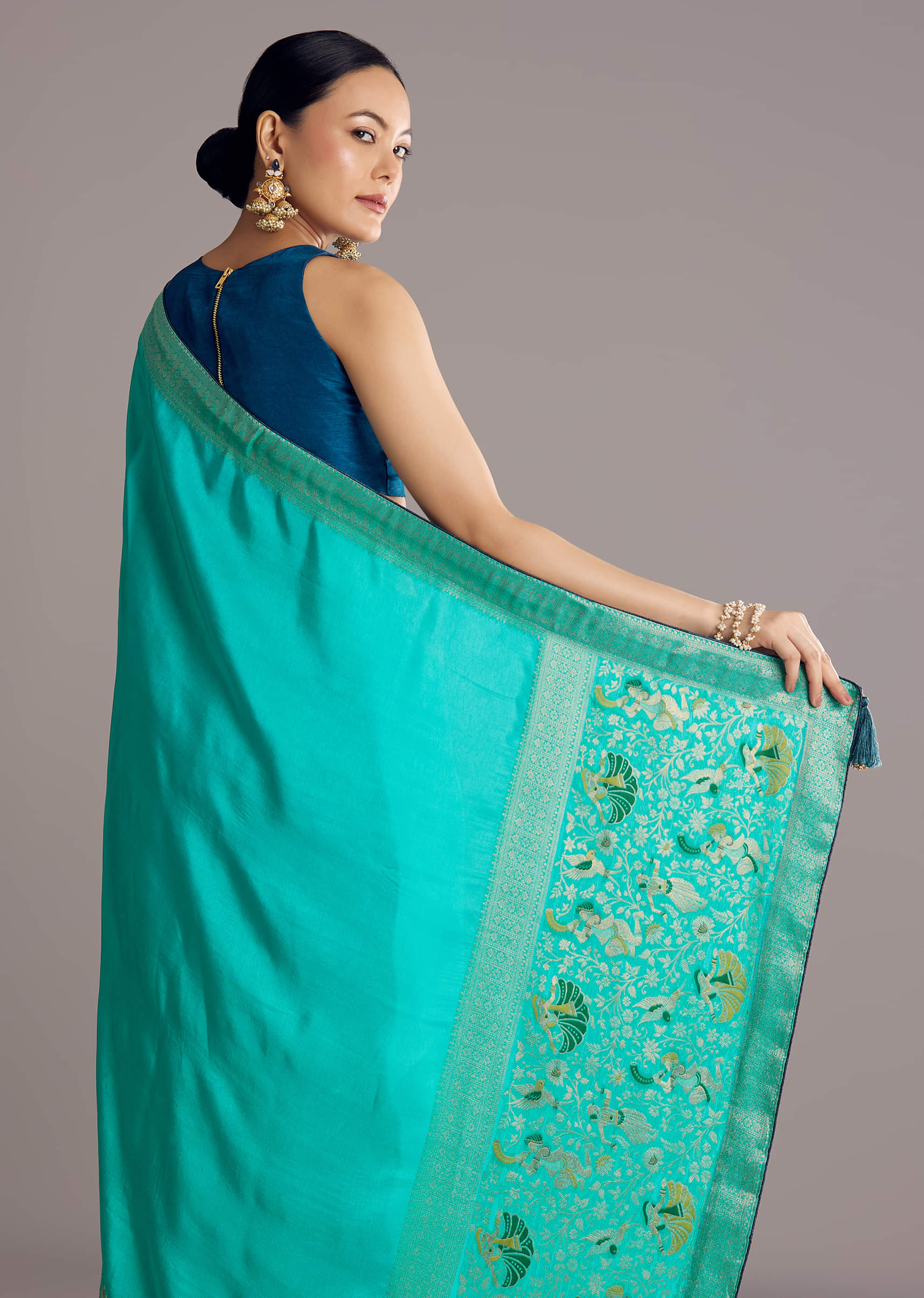 Turquoise Blue Woven Saree