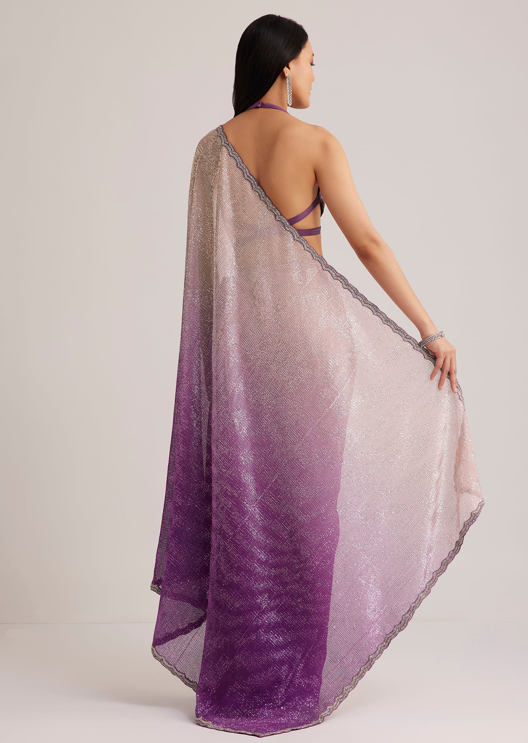 Violet Ombre Sequins Saree With Scallop Border