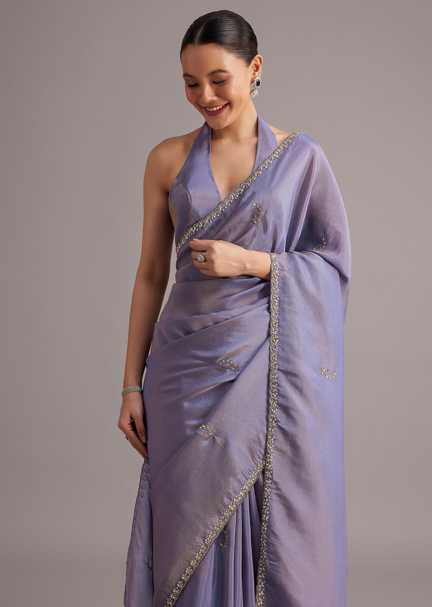 Violet Tissue Silk Saree With Cutdana And Sequin Embroidered Border