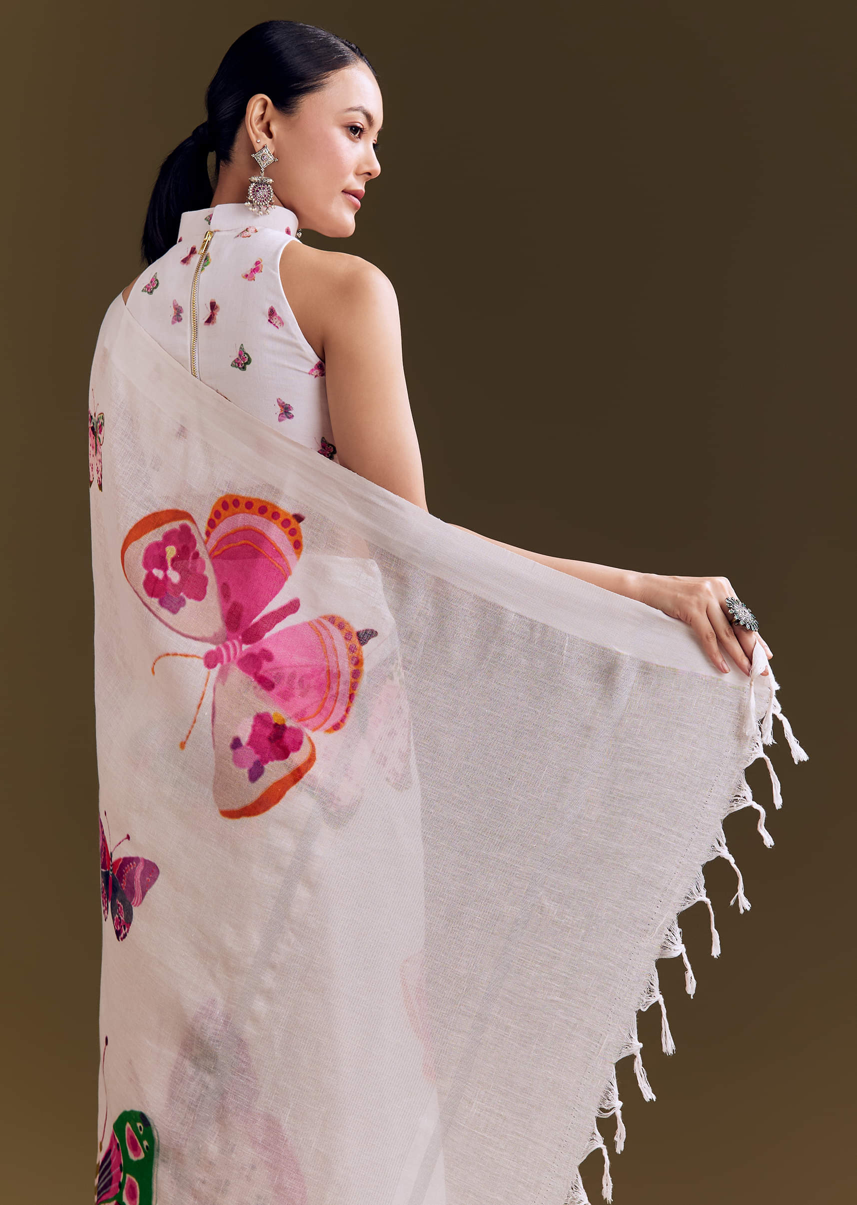 White Cotton Linen Saree With Watercolor Florals
