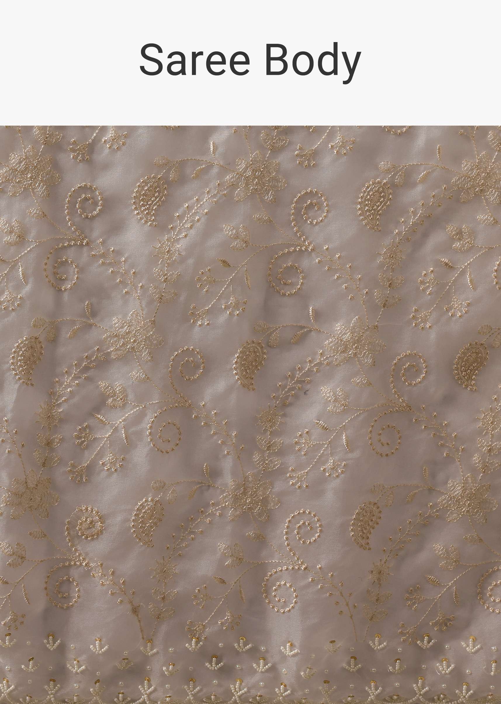 White Chikankari Saree In Organza Silk With Beaded Scallop Detail And Unstitched Blouse Fabric