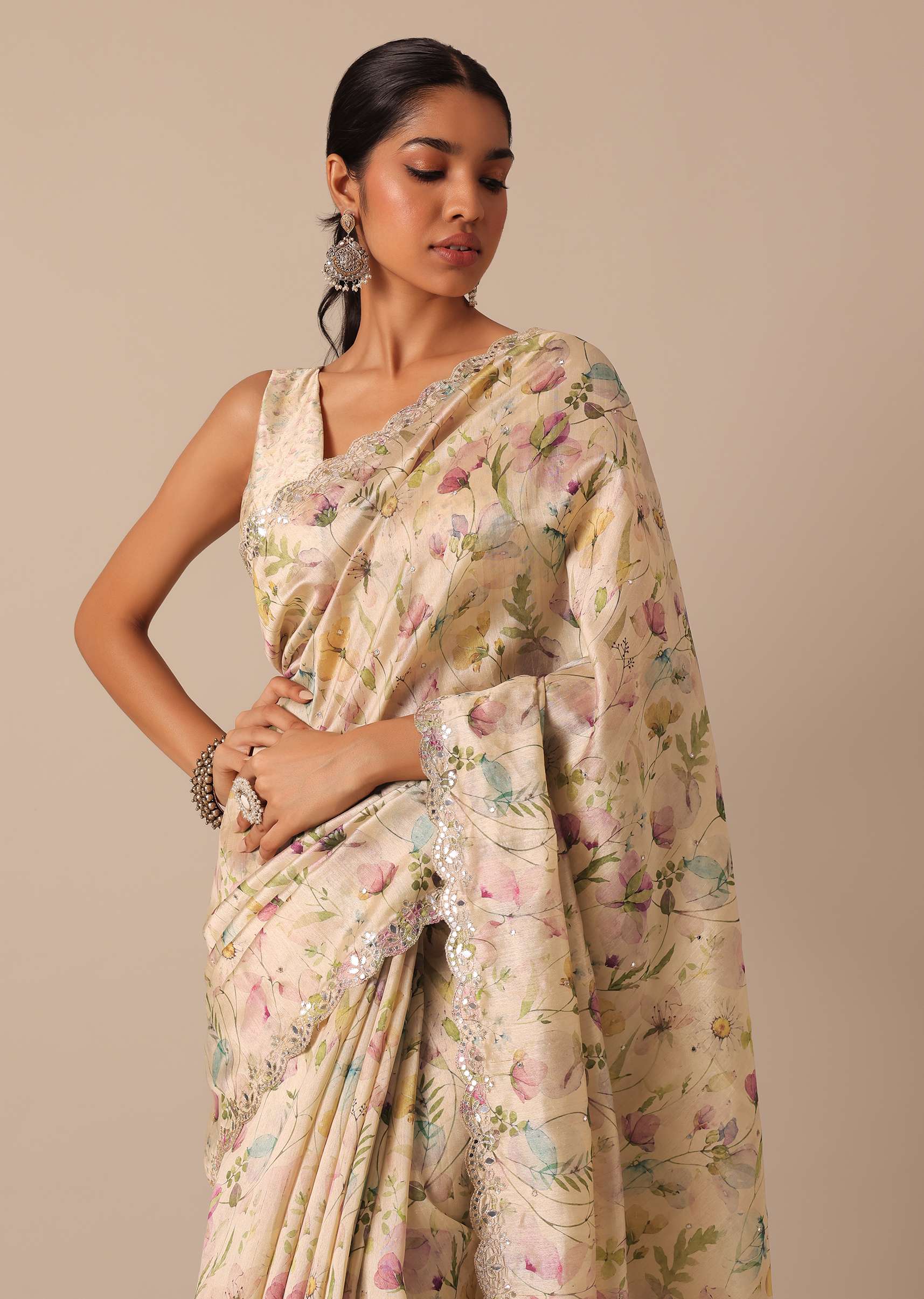 White Saree With Cutwork Scallop Border In Tussar And Unstitched Blouse Piece