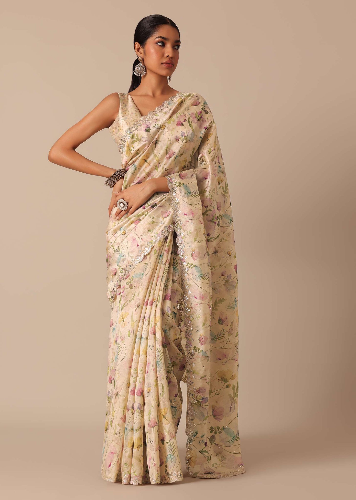White Saree With Cutwork Scallop Border In Tussar And Unstitched Blouse Piece