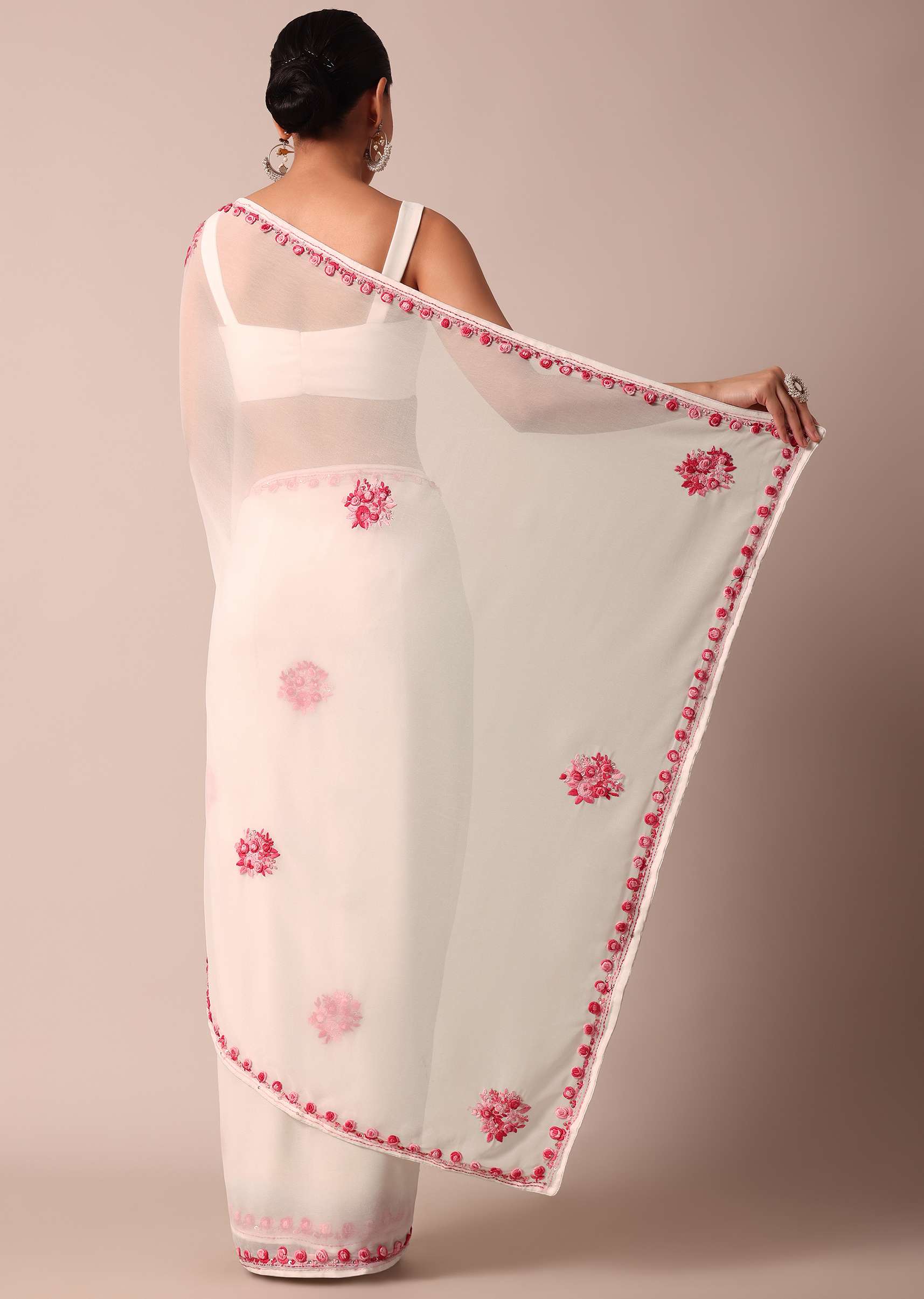 White Saree With Floral Embroidery And Unstitched Blouse Piece