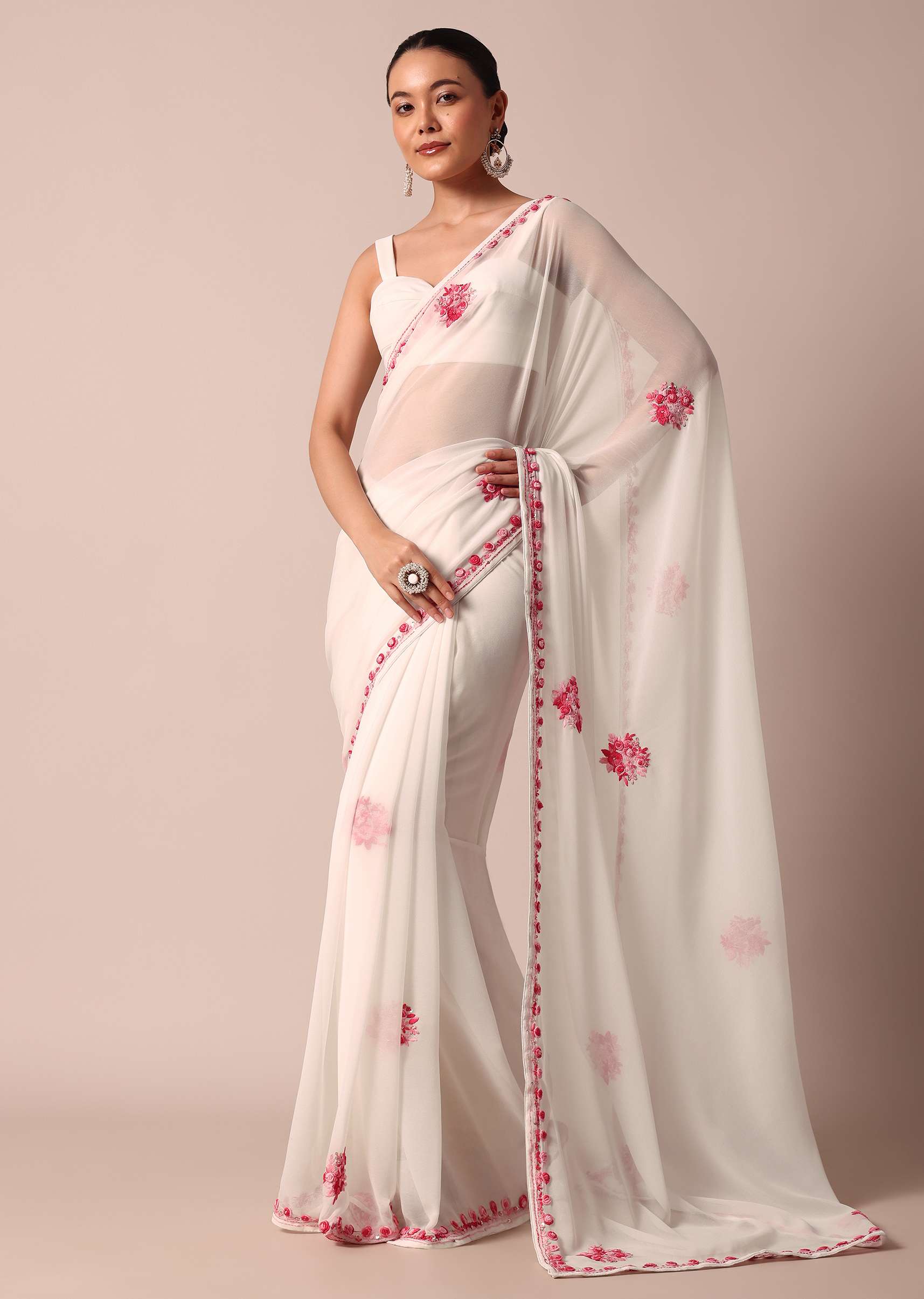 White Saree With Floral Embroidery And Unstitched Blouse Piece