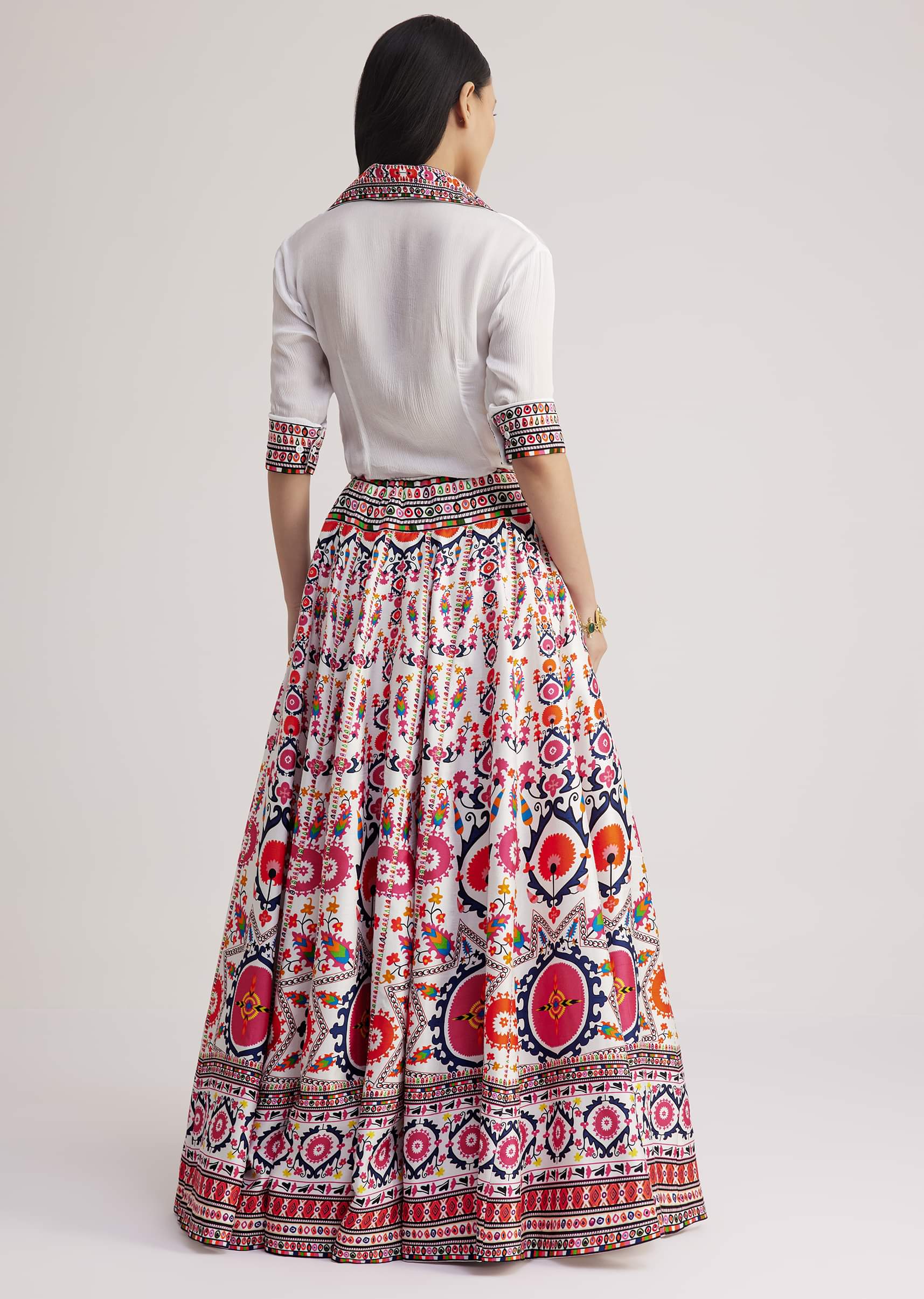 White Shirt With Vibrant Printed Skirt