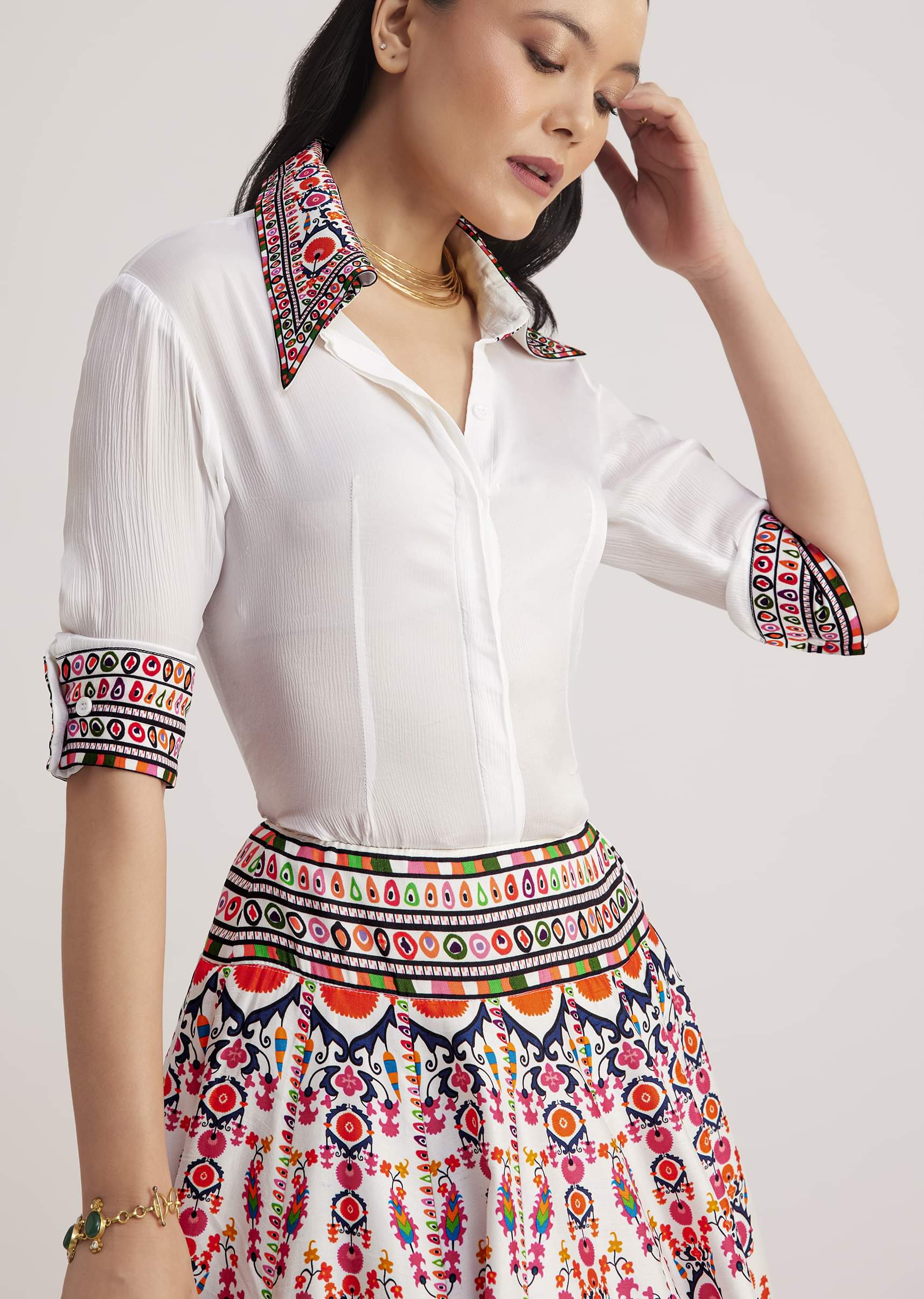 White Shirt With Vibrant Printed Skirt