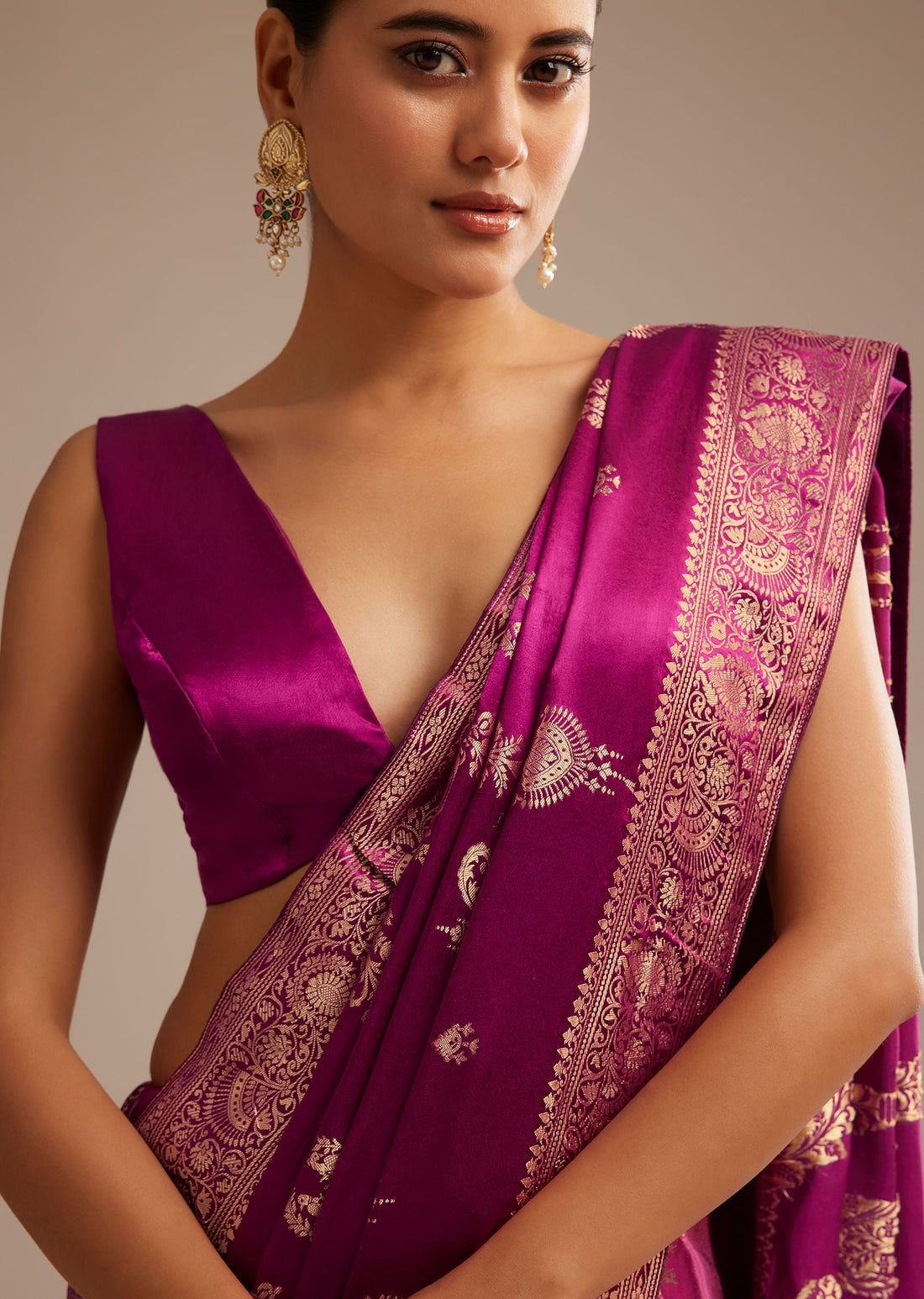 Wine Satin Saree With Zari Woven Work
