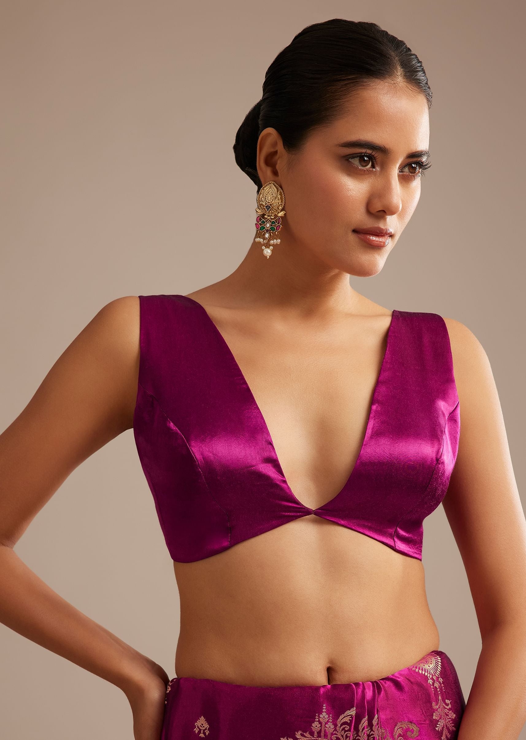 Wine Satin Saree With Zari Woven Work