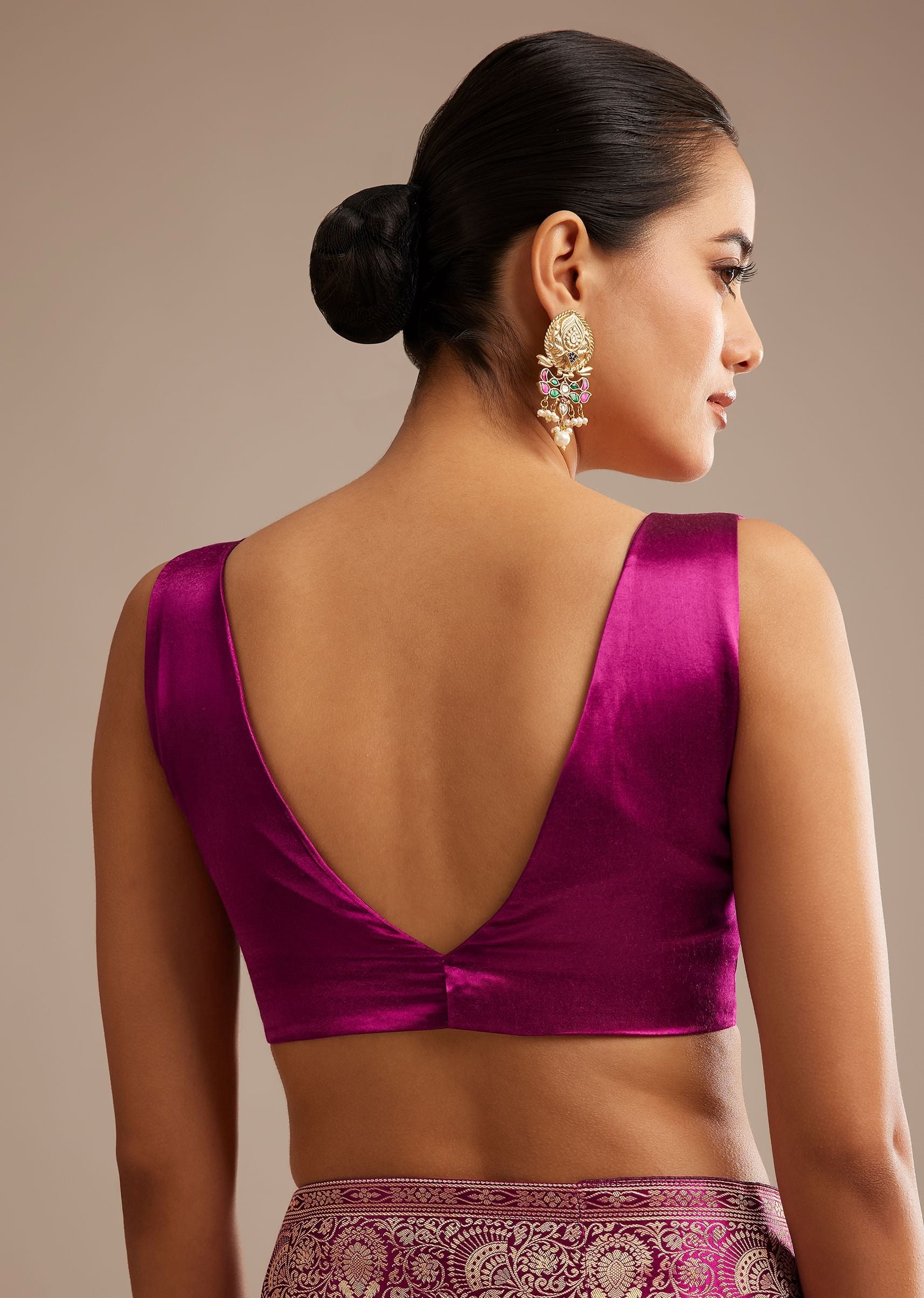 Wine Satin Saree With Zari Woven Work