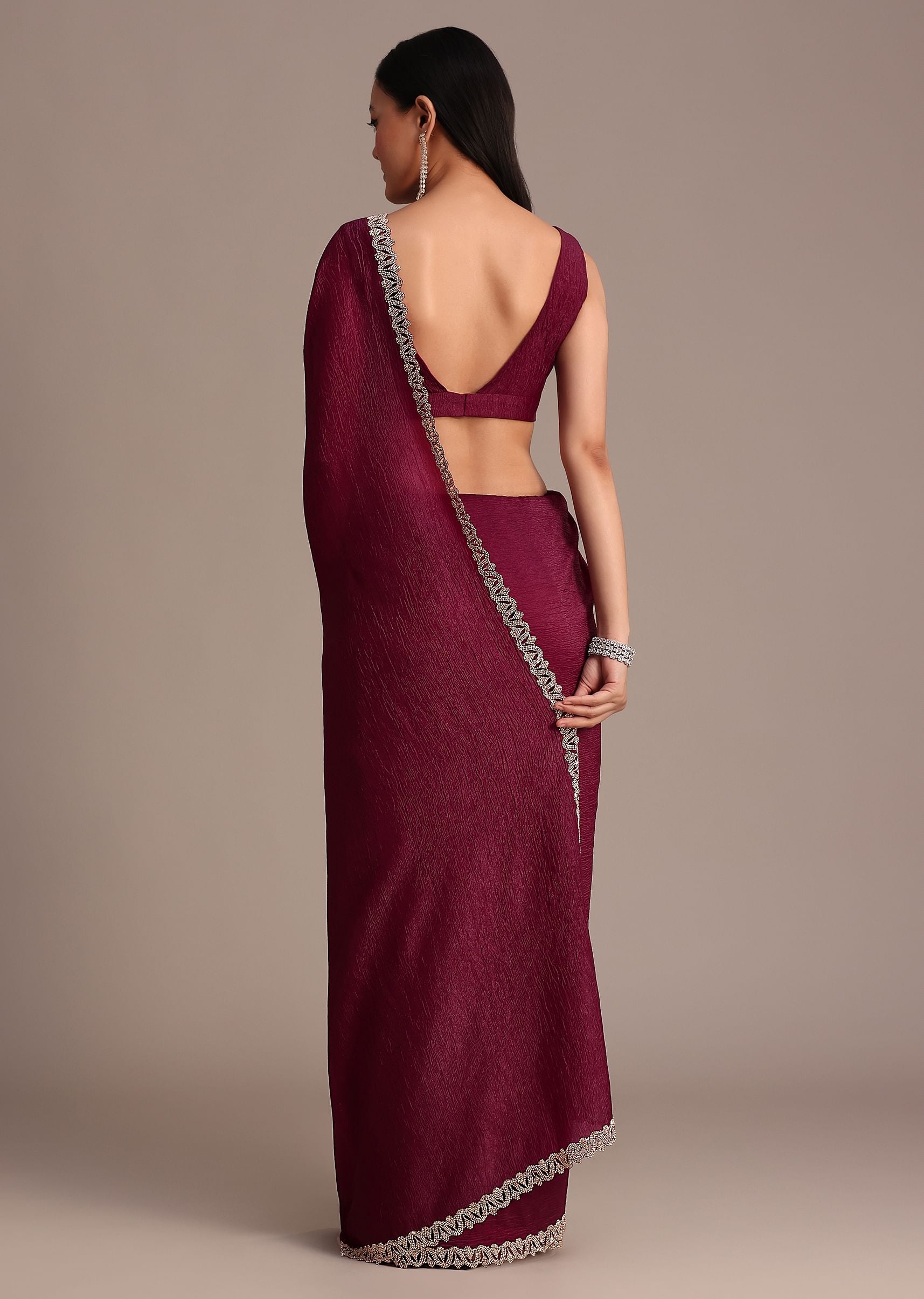 Wine Crushed Tissue Saree With Stone Embellished Border