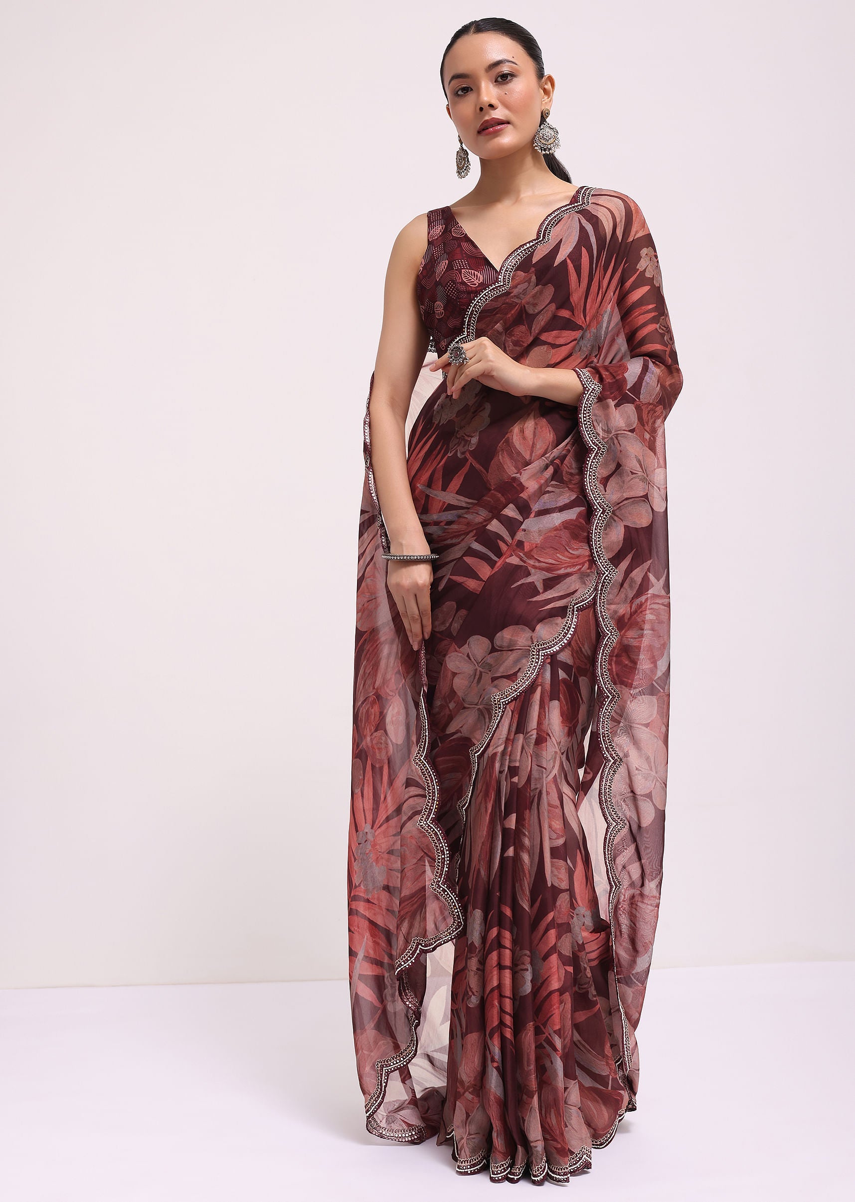 Wine Organza Leaf Printed Saree With Unstitched Blouse