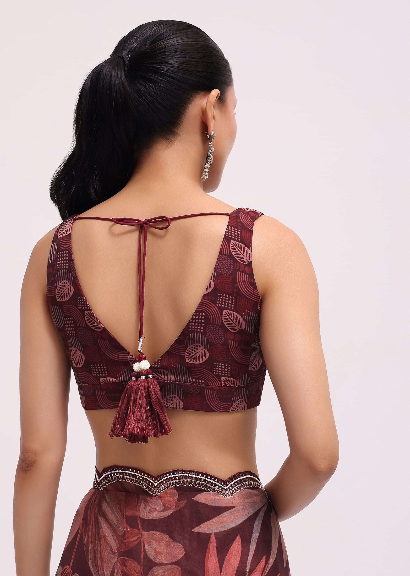Wine Organza Leaf Printed Saree With Unstitched Blouse