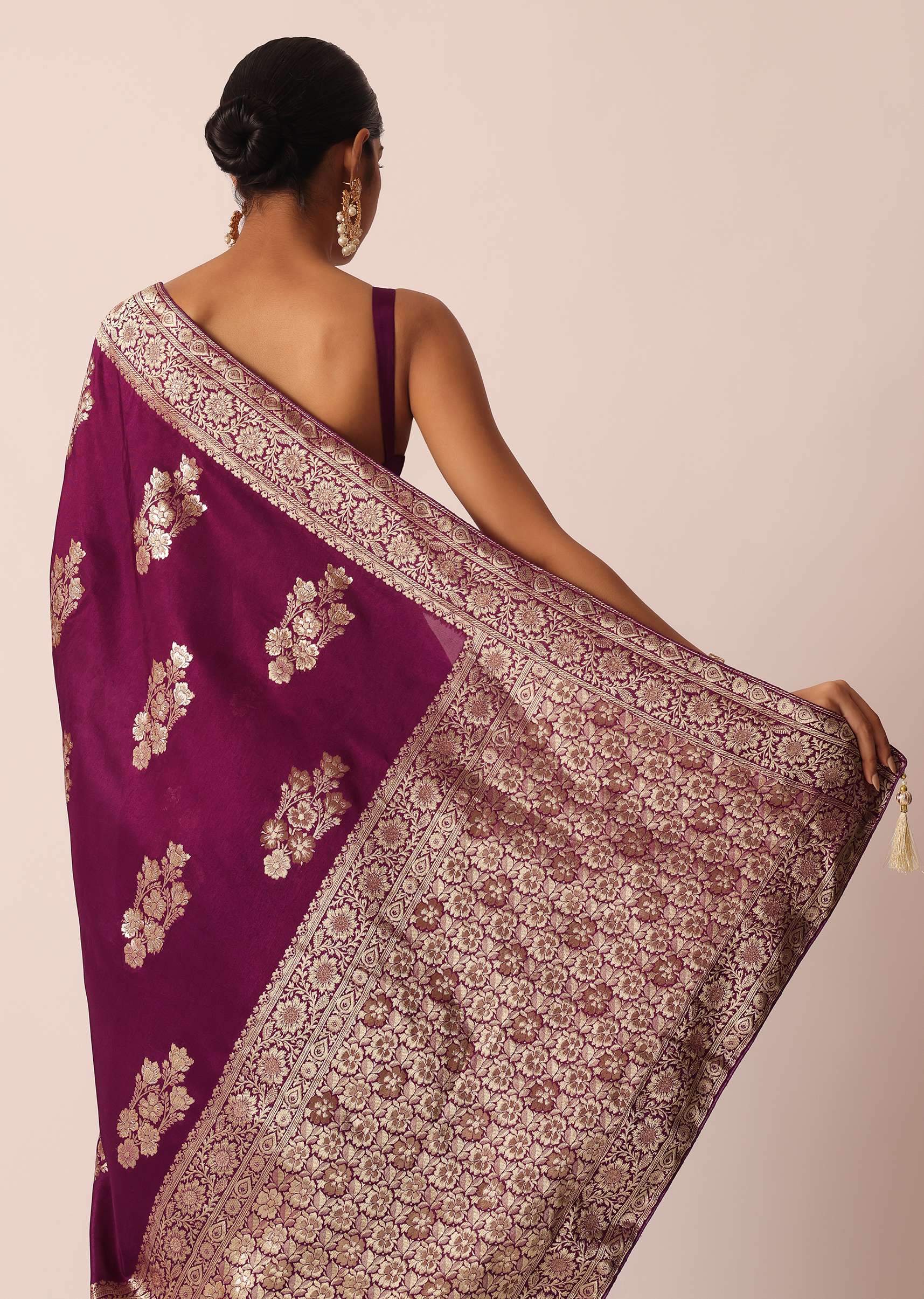 Wine Silk Saree with Butta Detail And Unstitched Blouse Piece