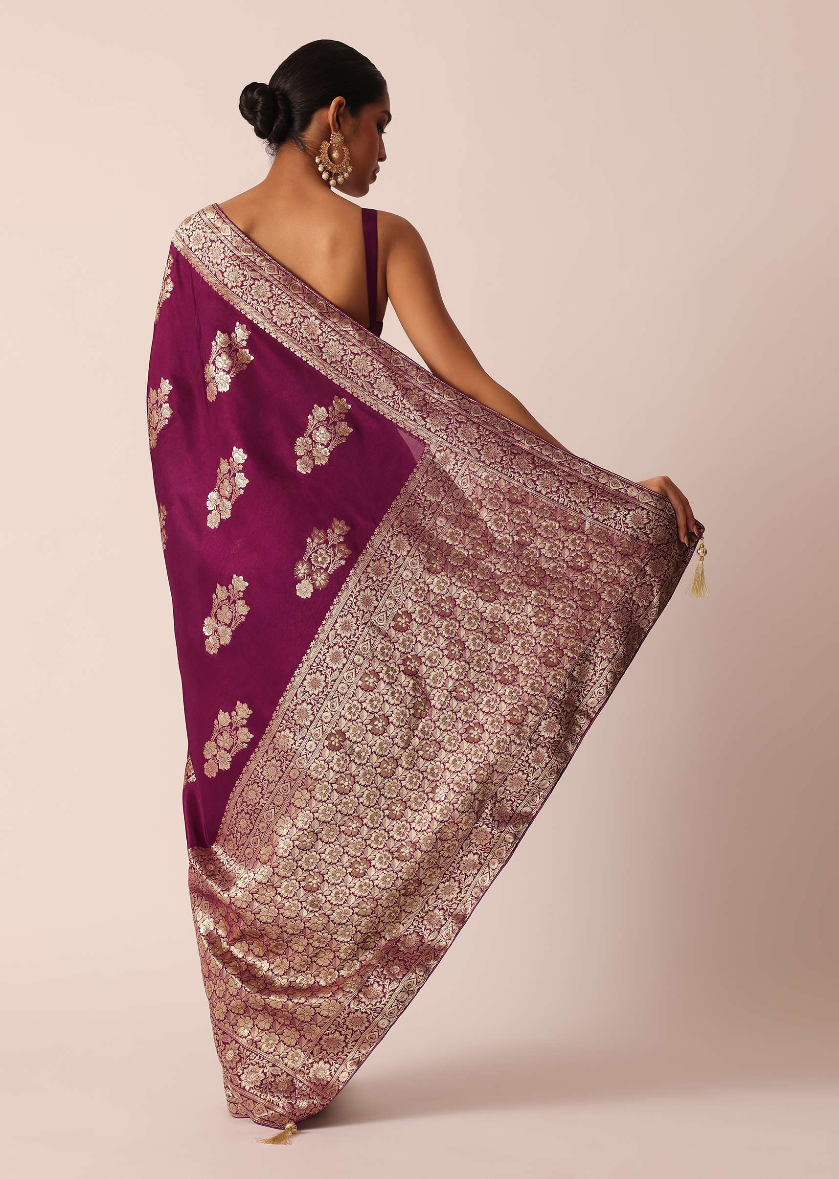 Wine Silk Saree with Butta Detail And Unstitched Blouse Piece