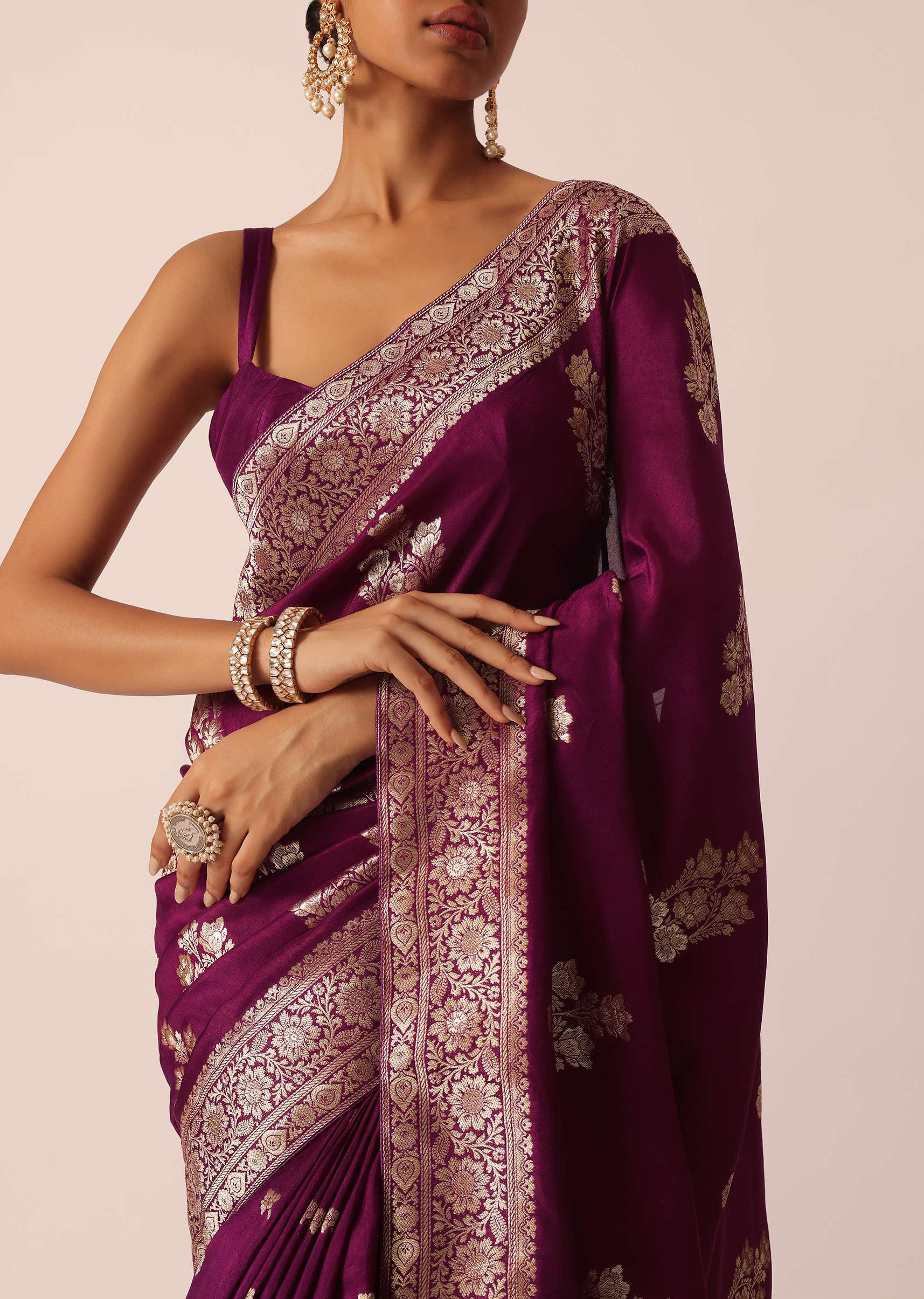 Wine Silk Saree with Butta Detail And Unstitched Blouse Piece