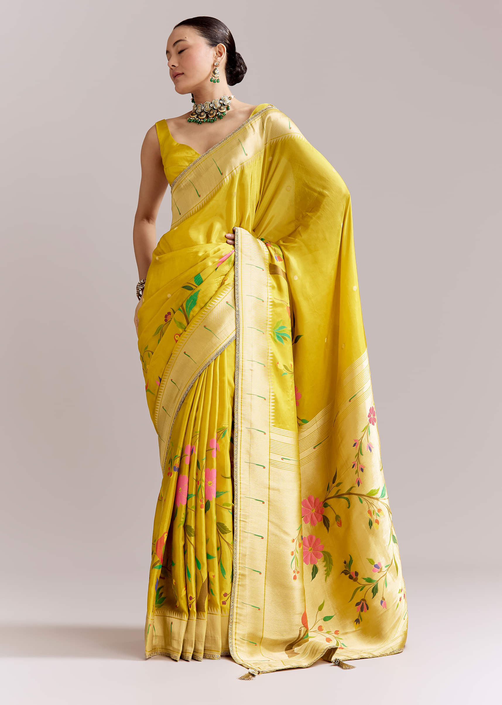 Yellow Dola Silk Woven Muniya Paithani Saree With Zari Border