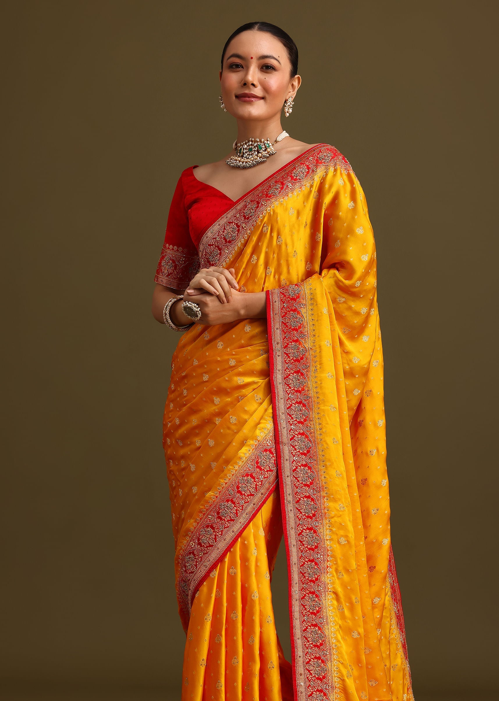 Yellow Zardosi Embroidered Saree With Contrast Pallu Border And Unstitched Blouse
